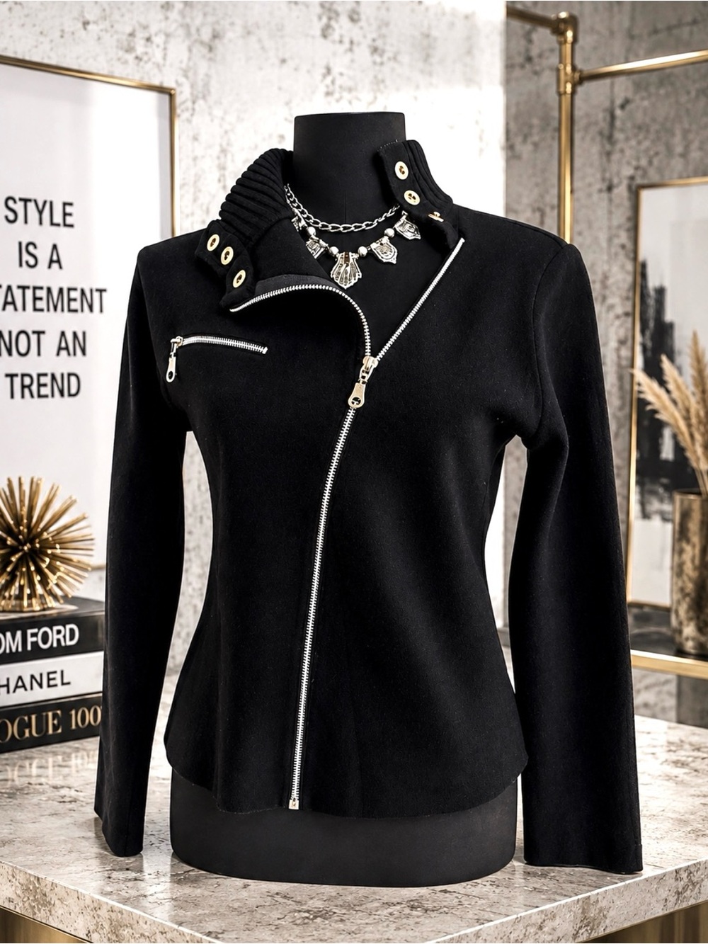 JENNYFER long-sleeve black turtleneck asymmetrical zipper design sweater size L